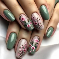 NA084 - Floral Flower Pattern Green Nails
